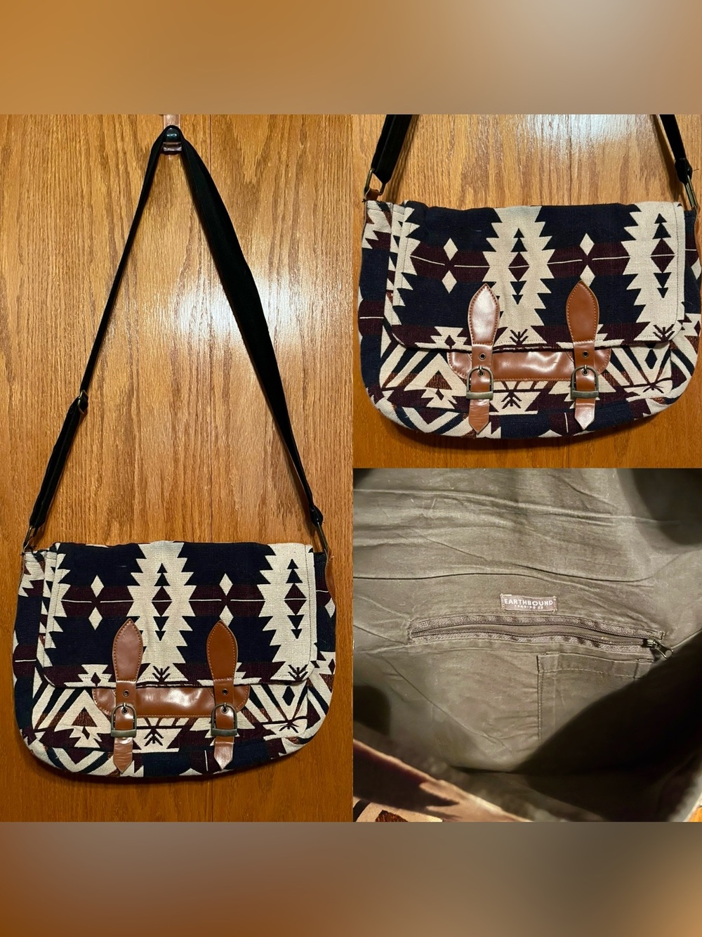 EARTHBOUND Black & Cream Aztec Canvas Messenger with Brown Trim